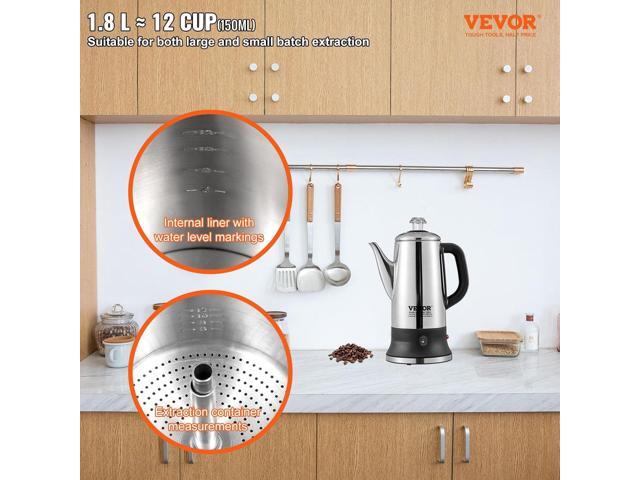 VEVOR Electric Percolator Coffee Pot 12-Cup, 304 Stainless Steel Coffee Percolator, 1000W, Automatic Keep-Warm & Split Power Base