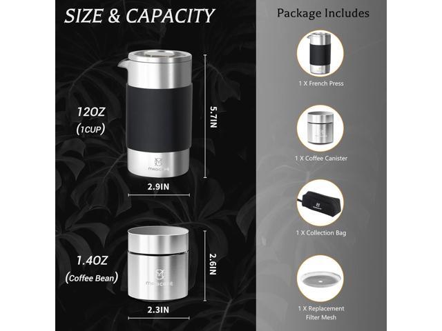 French Press Coffee Maker Set, Portable French Press with Mini Coffee Canister and Collection Bag, Single Serve 1 Cup Small Stainless Steel Double...