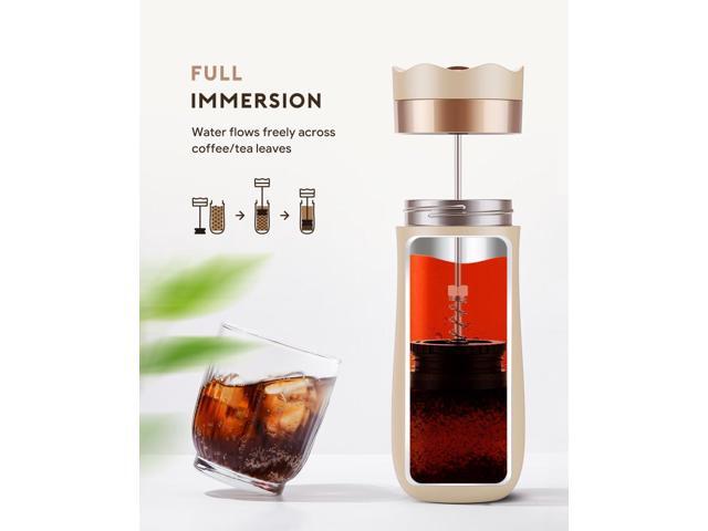BENFUCHEN Travel Coffee Press, Vacuum Insulated Portable French Press, Stainless Steel Portable Coffee Maker/Tea Press, 12oz, Rose Red
