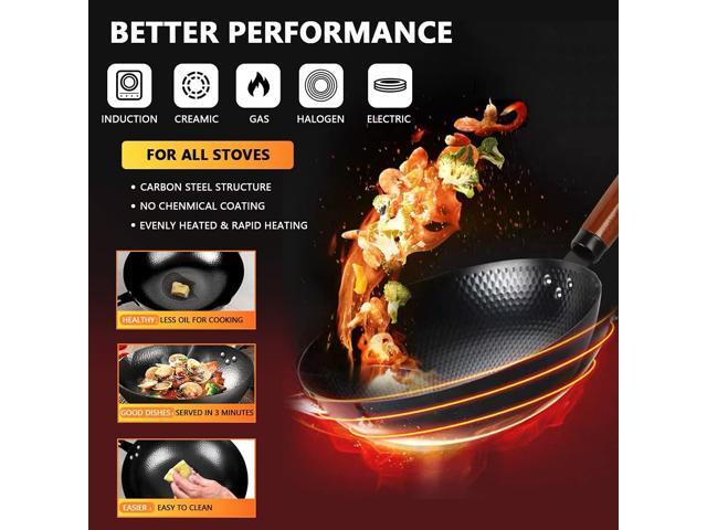 Carbon Steel Wok Pan, 14 Piece Woks & Stir-Fry Pans Set with Wooden Lid Cookwares, No Chemical Coated Flat Bottom Chinese Pan for Induction,...