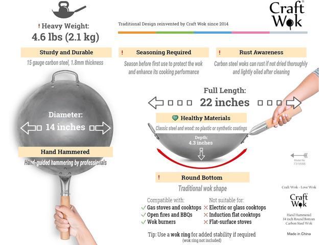 Craft Wok Traditional Hand Hammered Chinese Carbon Steel Wok with Wooden and Steel Helper Handle (14 Inch, Round Bottom Pow Wok Pan) / 731W88