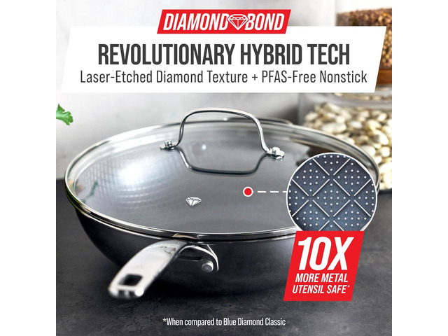 Blue Diamond Hybrid Nonstick Stainless Steel 12 Wok with Lid, PFAS-Free Ceramic Diamond Bond Stir-Fry Pan, Induction Ready, Dishwasher & Oven Safe,...