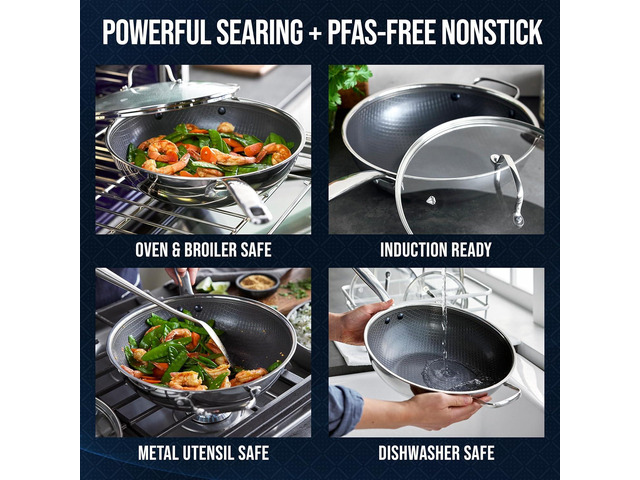 Blue Diamond Hybrid Nonstick Stainless Steel 12 Wok with Lid, PFAS-Free Ceramic Diamond Bond Stir-Fry Pan, Induction Ready, Dishwasher & Oven Safe,...
