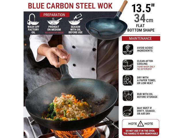 YOSUKATA 13.5 Blue Carbon Steel Wok Pan Pre-Seasoned Flat Bottom Wok Compatible with open fire, gas, electric, ceramic, induction cooktops...