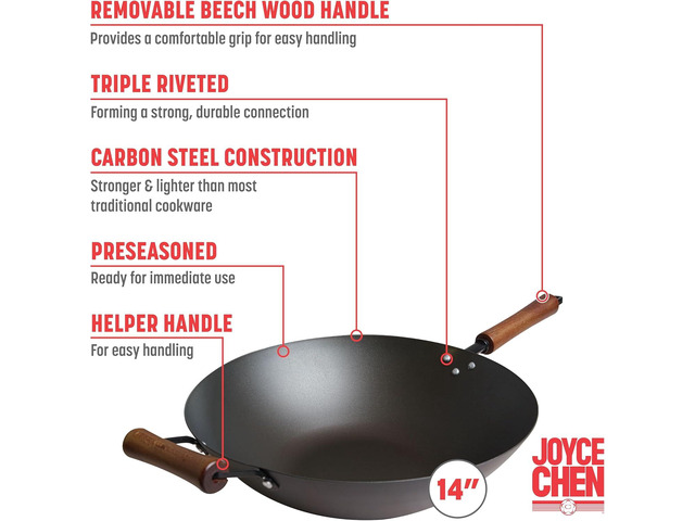 JOYCE CHEN Classic Series 14-Inch Preseasoned Carbon Steel Wok