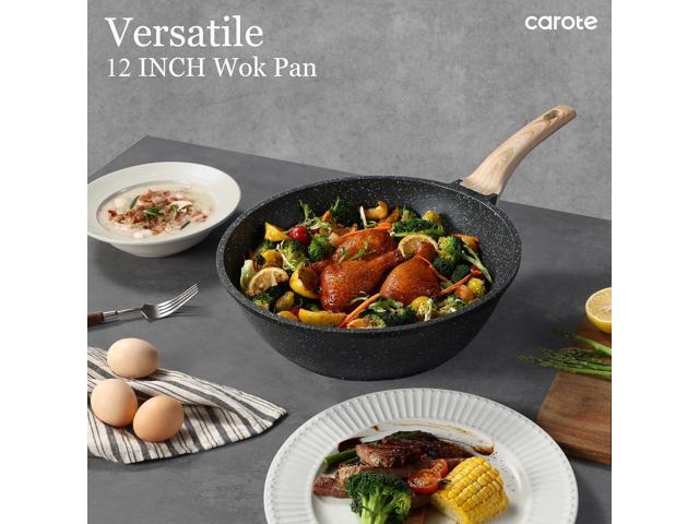 CAROTE Non Stick Wok with Lid 12''/5.3QT Woks & Stir-fry Pans Nonstick Granite Wok Pan Induction Cookware Deep Frying Pan, Compatible with All...