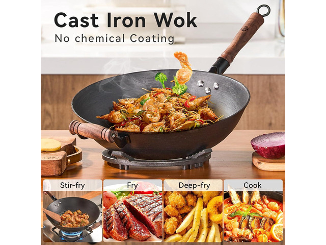 WANGYUANJI Cast Iron Wok Pan 14.2 inch Large Wok Stir Fry Pan Flat Bottom Wok with Lid and Wood Handle, Suitable for All Cooktops, Uncoated Craft...