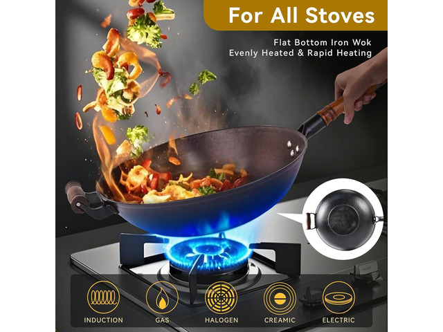 WANGYUANJI Cast Iron Wok Pan 14.2 inch Large Wok Stir Fry Pan Flat Bottom Wok with Lid and Wood Handle, Suitable for All Cooktops, Uncoated Craft...