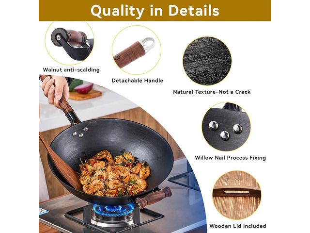 WANGYUANJI Cast Iron Wok Pan 14.2 inch Large Wok Stir Fry Pan Flat Bottom Wok with Lid and Wood Handle, Suitable for All Cooktops, Uncoated Craft...