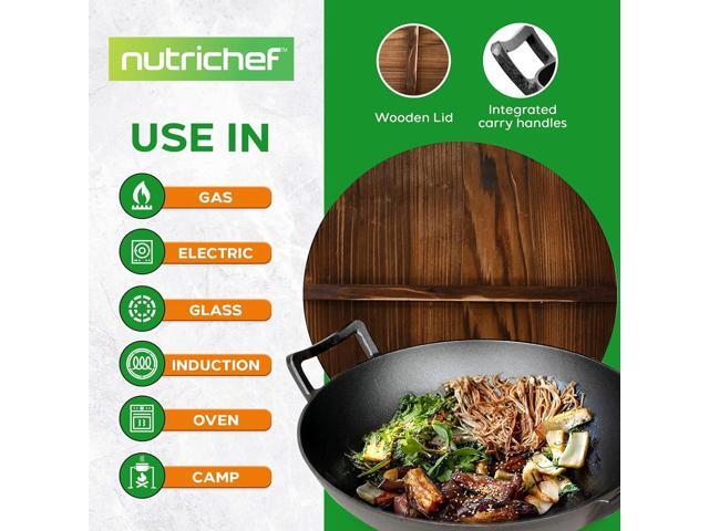 NutriChef Cast Iron Wok with Wooden Lid - Pre-Seasoned Chinese Wok for Stir-Fry, Compatible with Multiple Cooktops Including Induction, Large 5.8...