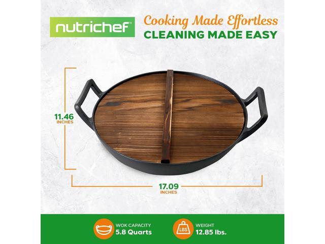 NutriChef Cast Iron Wok with Wooden Lid - Pre-Seasoned Chinese Wok for Stir-Fry, Compatible with Multiple Cooktops Including Induction, Large 5.8...