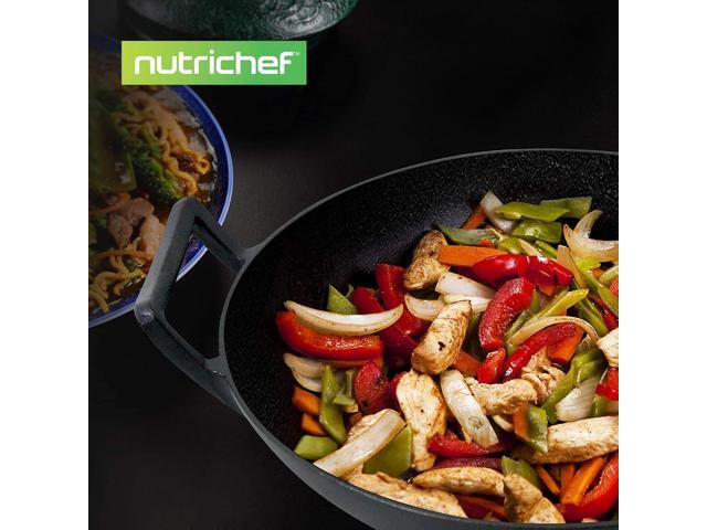 NutriChef Cast Iron Wok with Wooden Lid - Pre-Seasoned Chinese Wok for Stir-Fry, Compatible with Multiple Cooktops Including Induction, Large 5.8...