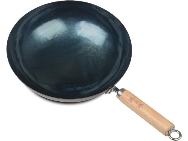 ZhenSanHuan Chinese Hand Hammered Iron Pow Woks and Stir Fry Pans Wooden Handle Round Bottom (30CM, Blue Black -Seasoned)