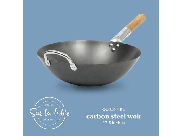 SUR LA TABLE Kitchen Essentials Quick Fire Carbon Steel 13.5' Flat Bottom Wok