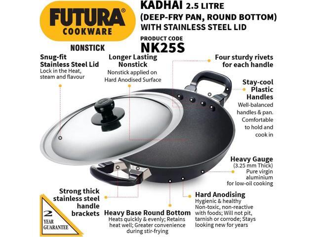 Hawkins Futura Nonstick Kadhai 2.5 L, 26 cm, 3.25 mm with SS lid (Black)