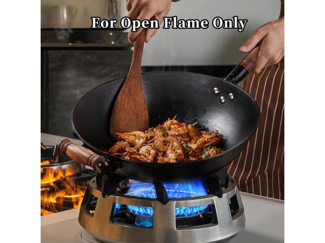 WANGYUANJI 14.17-Inch Cast Iron Chinese Wok with Round Bottom & Glass Lid - Traditional Chinese Wok for Gas Stove and Open Flame Cooking