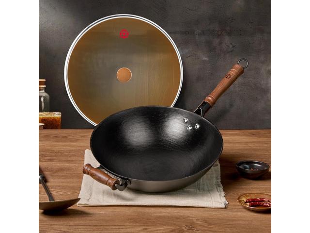 WANGYUANJI 14.17-Inch Cast Iron Chinese Wok with Round Bottom & Glass Lid - Traditional Chinese Wok for Gas Stove and Open Flame Cooking