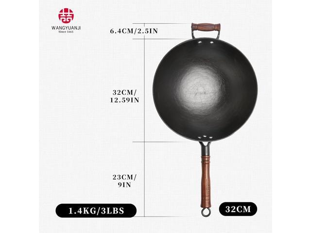 WANGYUANJI 12.6-Inch Cast Iron Chinese Wok with Round Bottom & Glass Lid - Traditional Ancient Wok for Gas Stove and Open Flame Cooking