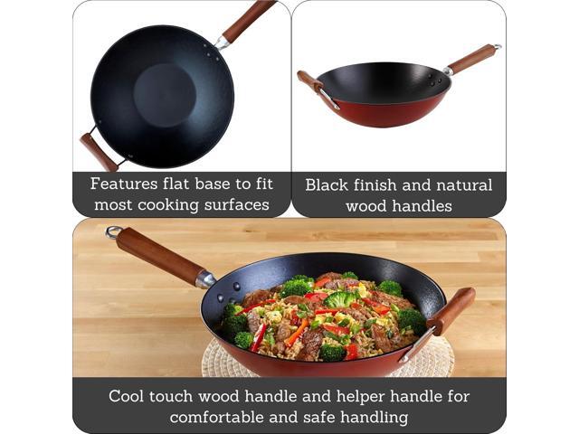 IMUSA USA GKG-61021 Light Cast Iron Wok, 14', Red Handles
