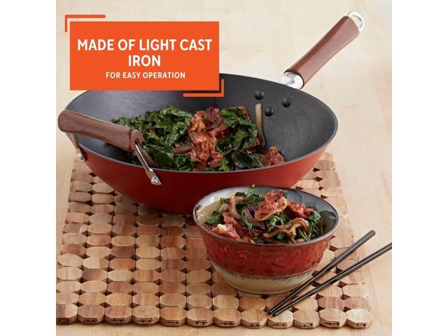 IMUSA USA GKG-61021 Light Cast Iron Wok, 14', Red Handles