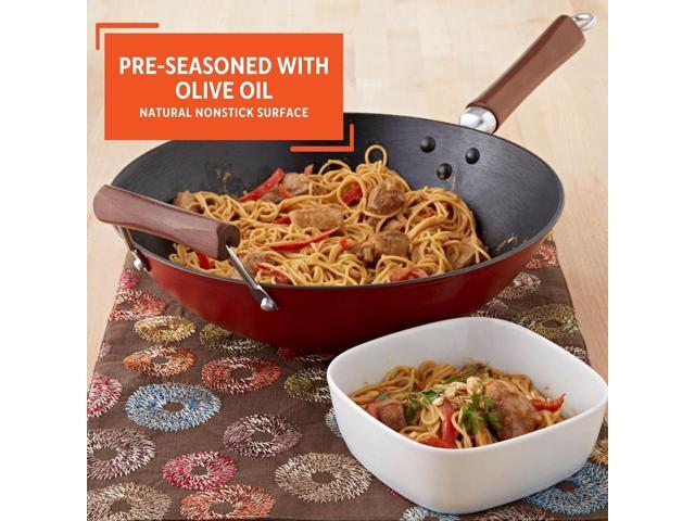 IMUSA USA GKG-61021 Light Cast Iron Wok, 14', Red Handles