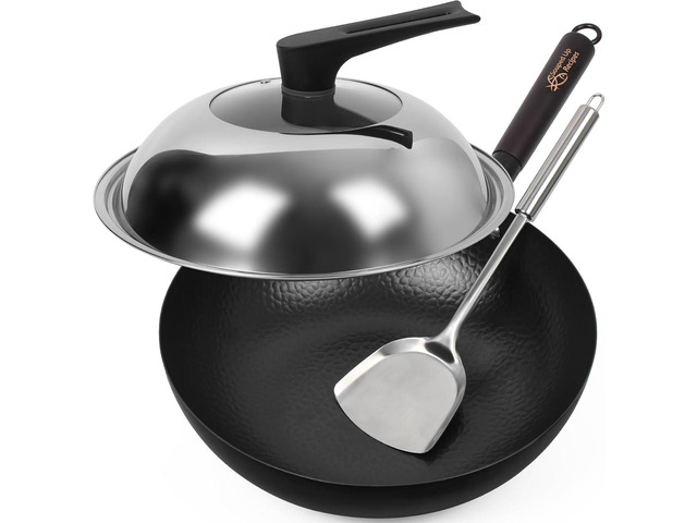 13.4 Inch Carbon Steel Wok For Electric, Induction and Gas Stoves (Lid, Spatula and User Guide Video Included)