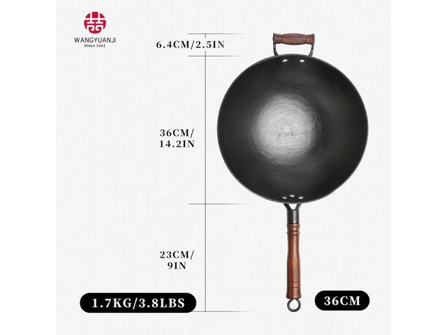 WANGYUANJI 14.17-Inch Cast Iron Chinese Wok with Round Bottom & Glass Lid - Traditional Chinese Wok for Gas Stove and Open Flame Cooking