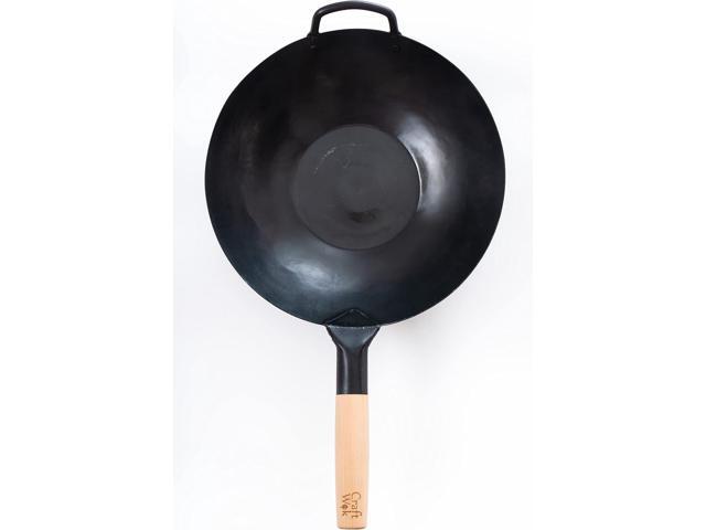 Craft Wok Black13 Flat Pre-Seasoned Hammered Carbon Steel Wok with Wooden and Steel Helper Handle (13 Inch, Flat Bottom)