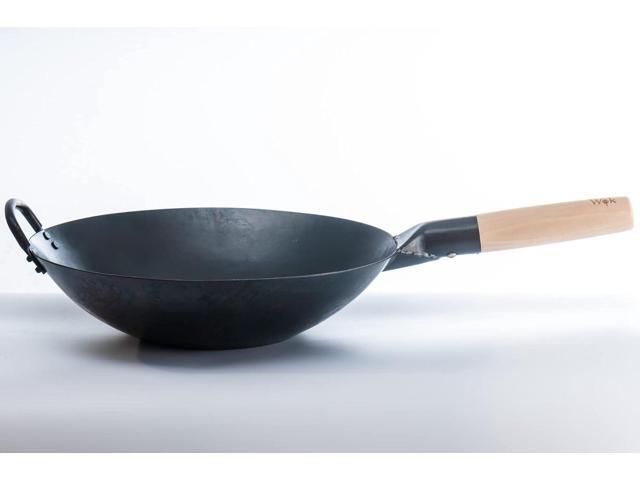 Craft Wok Black13 Flat Pre-Seasoned Hammered Carbon Steel Wok with Wooden and Steel Helper Handle (13 Inch, Flat Bottom)