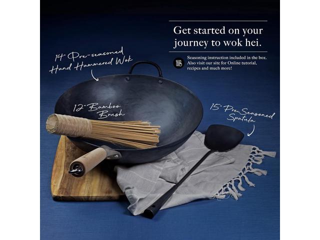 Mammafong Traditional Hand Hammered Pre-seasoned Round Bottom Carbon Steel Wok Set with Wok Spatula and Bamboo Brush (14 inch preseasoned wok set)