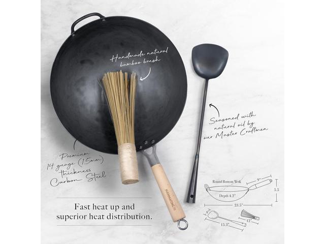 Mammafong Traditional Hand Hammered Pre-seasoned Round Bottom Carbon Steel Wok Set with Wok Spatula and Bamboo Brush (14 inch preseasoned wok set)
