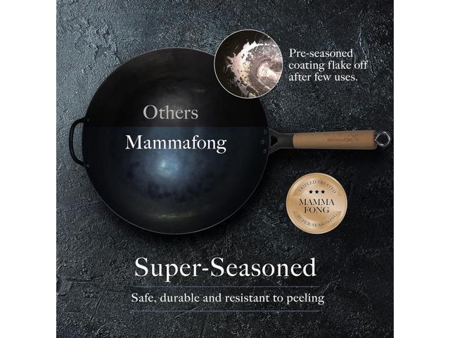 Mammafong Traditional Hand Hammered Pre-seasoned Round Bottom Carbon Steel Wok Set with Wok Spatula and Bamboo Brush (14 inch preseasoned wok set)