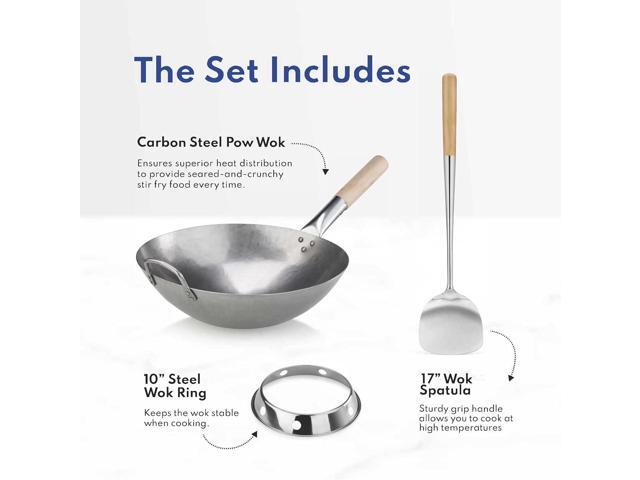 New Star Foodservice Carbon Steel Wok Set - 14' Round Bottom, Hand Hammered With Wood and Steel Helper Handle, Includes Rack/Ring and Spatula (Hand...