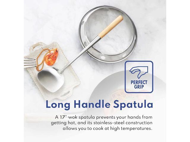 New Star Foodservice Carbon Steel Wok Set - 14' Round Bottom, Hand Hammered With Wood and Steel Helper Handle, Includes Rack/Ring and Spatula (Hand...