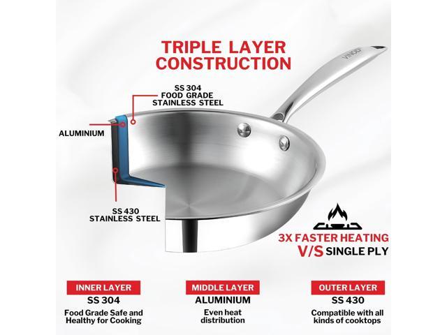 Vinod Platinum Triply Stainless Steel Frypan 24 cm 2.5 mm Thick Steel Pan Scratch Resistant, Non Toxic Induction & Gas Friendly, Heavy...