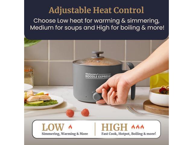 Elite Gourmet NOODLE EXPRESS Hot Pot, Prepare Ramen, Rice, Soups, Stews, Boil Water, Stainless-Steel Interior, Glass Lid, High/Low/Off Settings, Grey