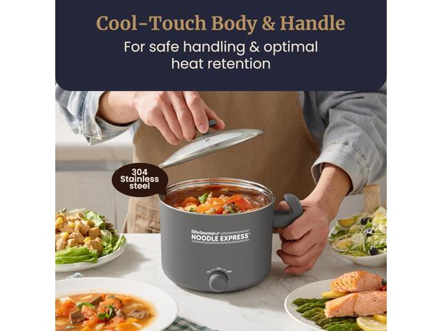Elite Gourmet NOODLE EXPRESS Hot Pot, Prepare Ramen, Rice, Soups, Stews, Boil Water, Stainless-Steel Interior, Glass Lid, High/Low/Off Settings, Grey