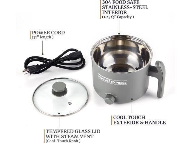 Elite Gourmet NOODLE EXPRESS Hot Pot, Prepare Ramen, Rice, Soups, Stews, Boil Water, Stainless-Steel Interior, Glass Lid, High/Low/Off Settings, Grey