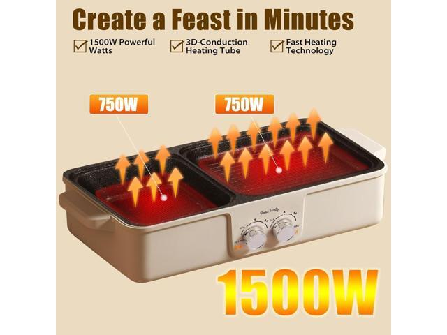 Food Party Hot Pot Electric Grill 2 in 1 Korean BBQ Grill Indoor Smokeless Hotpot Pot Electric Cooker Sahabu Shabu Pot Non Stick (Large)
