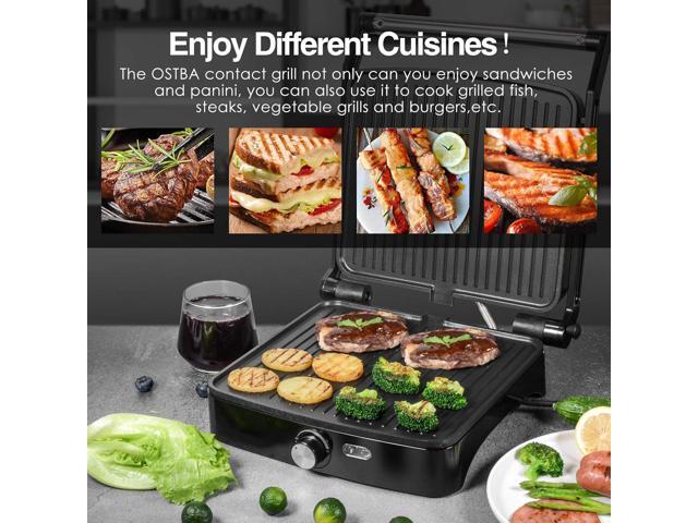 OSTBA Panini Press Grill with Adjustable Temperature,4-Slice Indoor Grill, 180° Open Sandwich Maker with Drip Tray, Non-Stick Plates, Stainless...