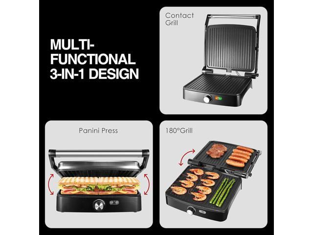 OSTBA Panini Press Grill with Adjustable Temperature,4-Slice Indoor Grill, 180° Open Sandwich Maker with Drip Tray, Non-Stick Plates, Stainless...