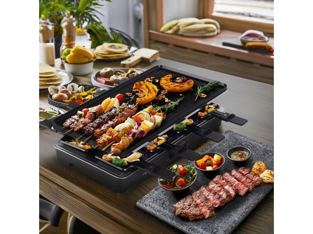 Artestia 2-in-1 1700W Adjustable Temperature Raclette Grill with Granite Stone & Non-Stick Cast Aluminum Plates Includes 8 Mini Pans & Spatulas ...