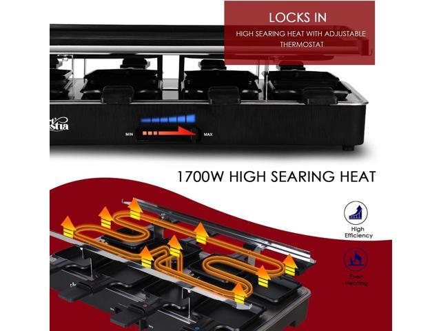 Artestia 2-in-1 1700W Adjustable Temperature Raclette Grill with Granite Stone & Non-Stick Cast Aluminum Plates Includes 8 Mini Pans & Spatulas ...