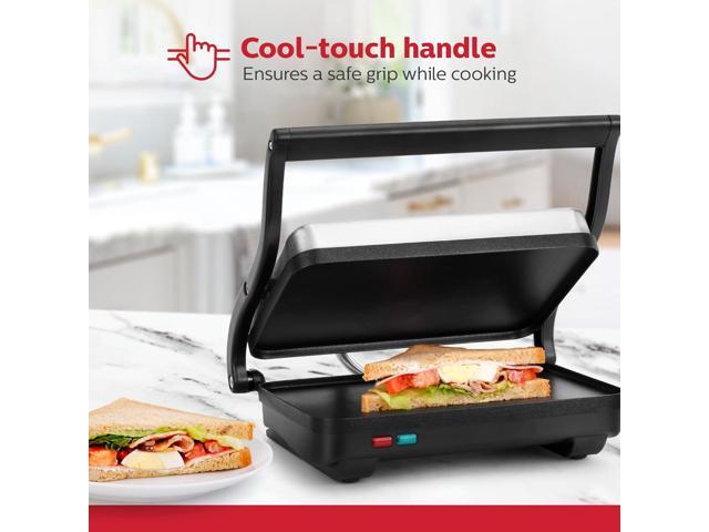 Holstein Housewares 2-Slice Electric Griddle, Non-Stick Sandwich Maker with Adjustable Temperature, Cool-Touch Handle, Black & Stainless Steel
