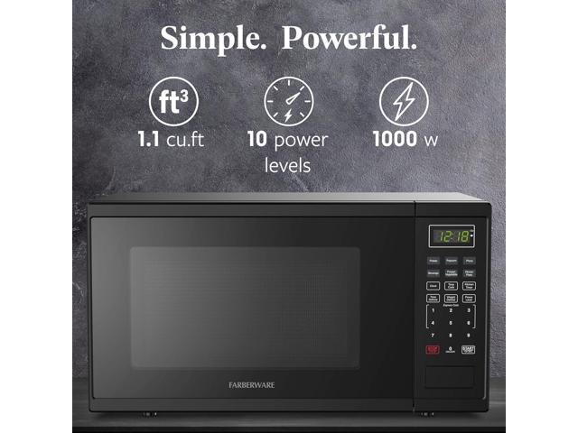Farberware 1.1 Cu. Ft. 1000-Watt Microwave Oven Digital Control, 10 Power Levels, One-Touch Cooking, Defrost, Child Safety Lock, Black