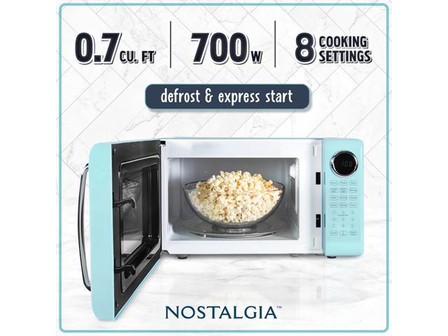 Nostalgia Retro Microwave Oven 0.7 Cu Ft, 700-Watt Countertop Size with Glass Turntable, Child Safety Lock, 8 Auto-Cook Programs, Digital Clock, Aqua
