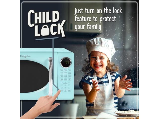 Nostalgia Retro Microwave Oven 0.7 Cu Ft, 700-Watt Countertop Size with Glass Turntable, Child Safety Lock, 8 Auto-Cook Programs, Digital Clock, Aqua