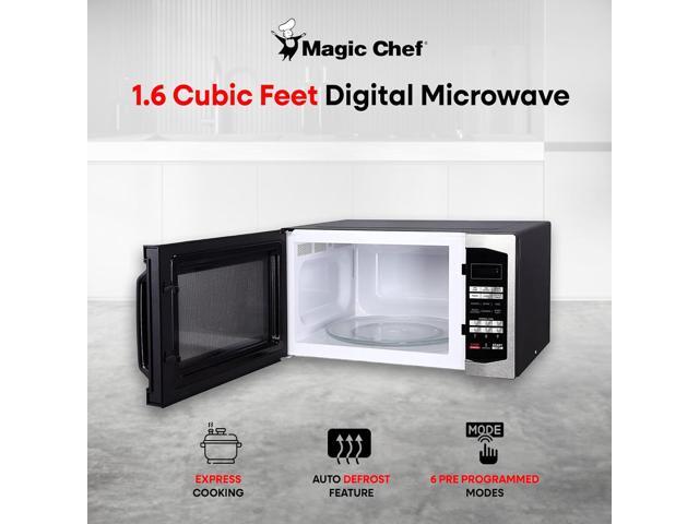 Magic Chef Compact Countertop Microwave Oven, 1,100 Watts, Stainless Steel, 1.6 Cu. Ft. - Digital Kitchen Appliance with One-Touch Cooking, Child...