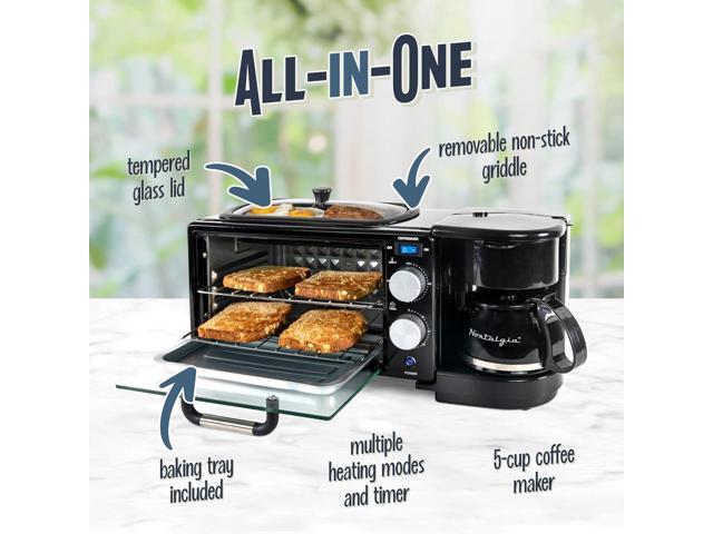 Nostalgia 3-in-1 Retro Breakfast Station - Includes 5 Cup Coffee Maker, Non-Stick Ceramic Griddle, and 4-Slice Toaster Oven - Built-In Timer,...