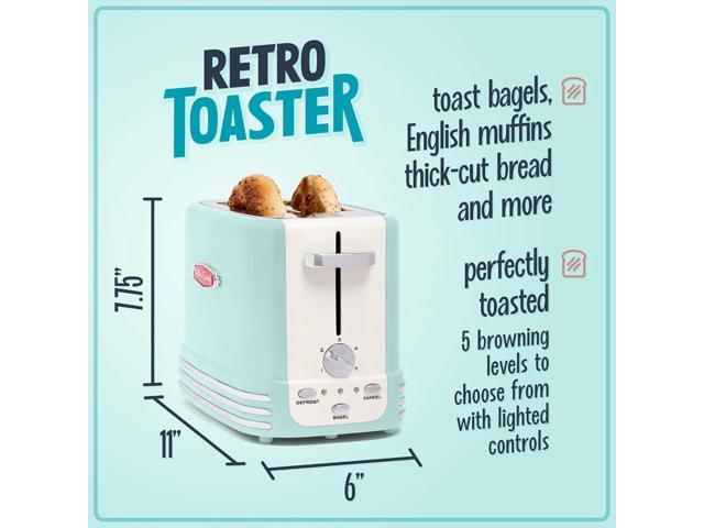 Nostalgia New and Improved Wide 2-Slice Toaster Perfect For Bread, English Muffins, Bagels, 5 Browning Levels, With Crumb Tray & Cord Storage, Aqua